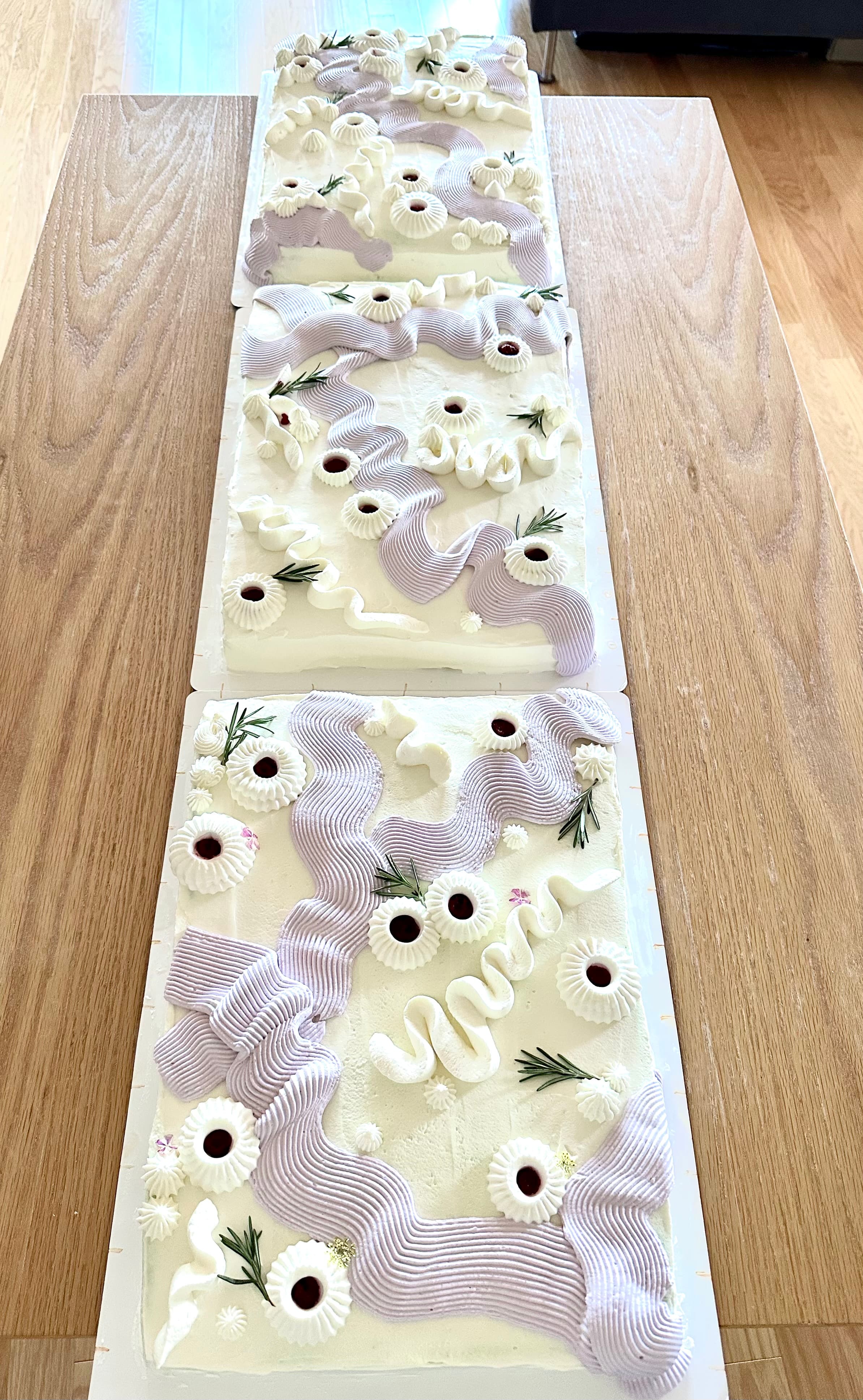 Lavender ribbon sheet cakes with white rosettes